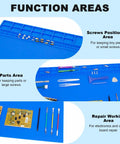 Massive Silicone Soldering Mat With Hella Heat Resistance Up To Five Hundred Degrees Fahrenheit Badass Workbench Pad For Phone Laptop Electronics Bga Rework And Soldering Gear Blue showing function areas for screws and parts.