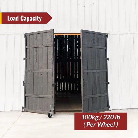 Two Pack Spring Loaded Gate Casters, 4 Inch Adjustable Wheel With Brake, Heavy Duty Gate Wheel Load Capacity 220 Lbs shown on door