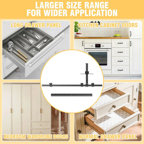 Kick Butt Cabinet Hardware Drill Jig Kit Featuring Detachable 32 Inch And 16 Inch Wood Drill Guide For Drawer Pulls Cabinetry showing usage on various drawer types.