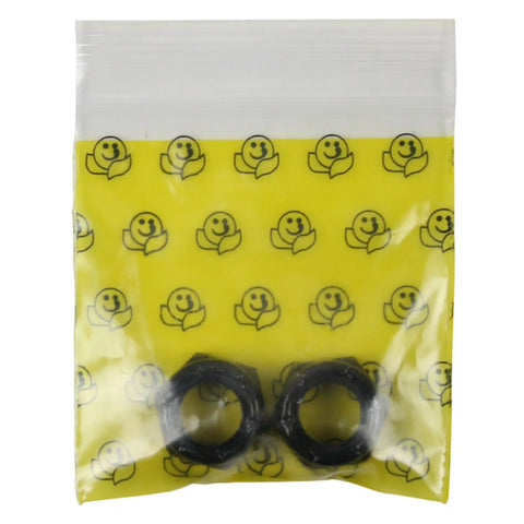 Two Kingpin Nuts For Skateboard And Longboard Trucks 3/8 Inch Standard Lock Nuts Replacement Set in a yellow bag with smiley faces