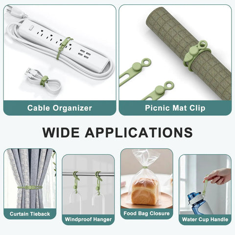 Reusable Silicone Cable Ties 20 Pack Boss Level Desktop Cord Organizers With Secure Snap Lock And Stretchy Loop Wraps in use for various applications.