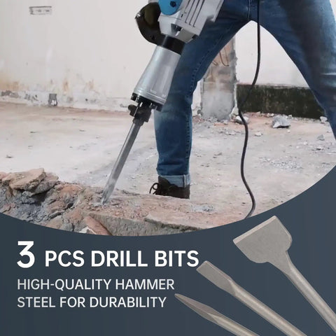 Worker using heavy-duty rotary hammer drill with 16 Inch 3 Piece Masonry Chisel Set SDS Max Shank Compatible for concrete work.
