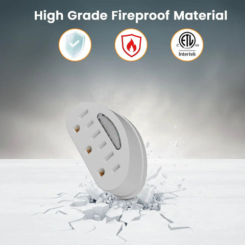 Heavy Duty Plug And Play Triple Wall Tap Extender With Glowing LED Light Three Prong Grounded Outlet Splitter Two Pack on a cracked surface.