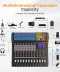 Diagram of 8 Channel USB Audio Mixer With 24 Bit DSP, Bluetooth 5.0 Studio Sound Card showcasing input and output options.
