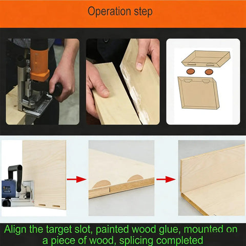 Operation steps showing Heavy Duty Electric Tenoning And Mortising Machine With Biscuit Jointer Slotting Tool For Cabinet And Furniture Work.
