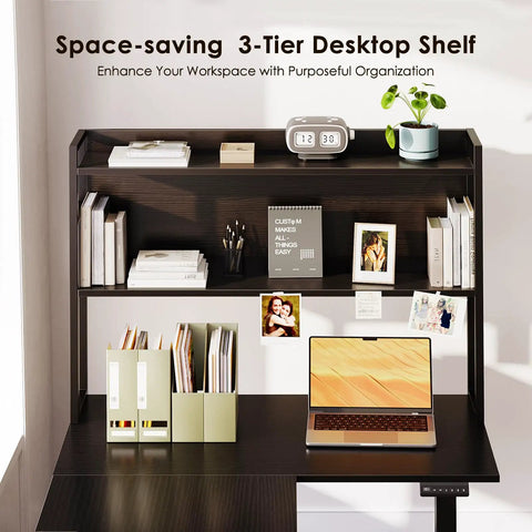 63 Inch L Shaped Electric Standing Desk With Reversible Corner Layout And Hutch Height Adjustable Sit Stand Ergonomic Workstation showcasing a 3-tier desktop shelf with organized accessories and a laptop on the black large lift table.