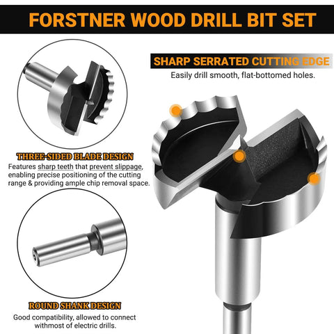 Close-up of Top Shelf Forstner Bit Set With Sixteen Heavy Duty Wood Drill Bits showing sharp serrated cutting edge and round shank design.
