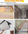Heavy Duty Electric Pull Down Attic Ladder Featuring Rock Solid Handrails And Smooth Telescopic Ceiling Mount For A Dead Easy Loft Upgrade That Is A Total Game Changer in a ceiling opening and descending.