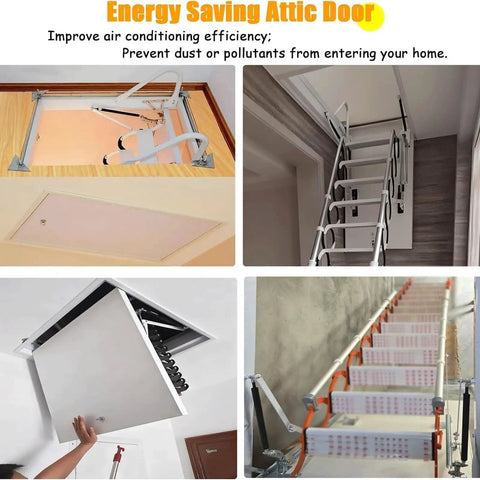 Heavy Duty Electric Pull Down Attic Ladder Featuring Rock Solid Handrails And Smooth Telescopic Ceiling Mount For A Dead Easy Loft Upgrade That Is A Total Game Changer in a ceiling opening and descending.