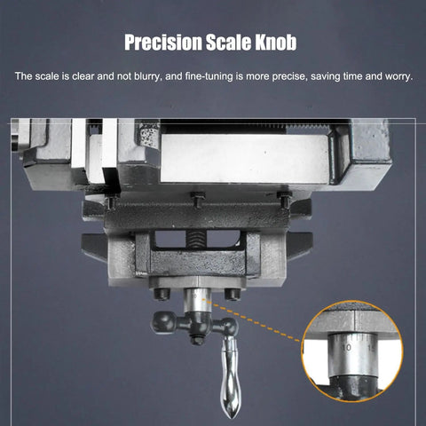 Precision scale knob on Heavy Duty Cross Slide Vise For Drill Press And CNC Milling with clear markings for accurate adjustment.