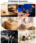 Image showing 12 Pack 360 Degree Rotatable Spring Cable Clips with 1 Second Lock adhesive cord holders used in various settings like desk, nightstand, game station, and car.