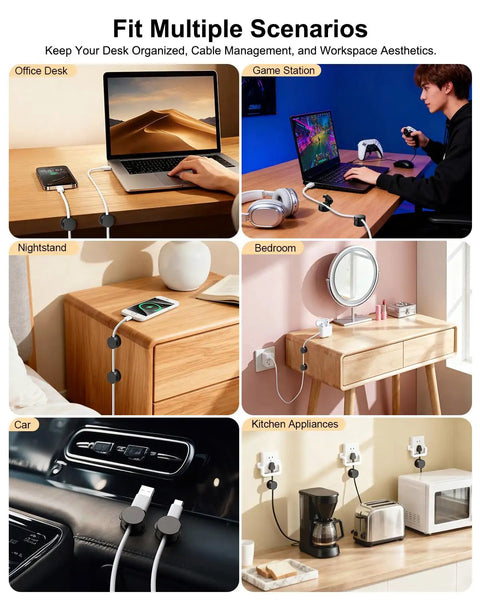 Image showing 12 Pack 360 Degree Rotatable Spring Cable Clips with 1 Second Lock adhesive cord holders used in various settings like desk, nightstand, game station, and car.