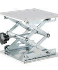 Acymner 8x8 in stainless steel lab scissor-lift table with adjustable height (3.3–11 in).