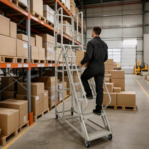 Pro Grade Seven Step Rolling Ladder With Full Handrails, Heavy Duty Steel Platform Cart For Garage Or Warehouse, Ironclad Workhorse Built Tough To Handle Fifteen Hundred Pounds Daily