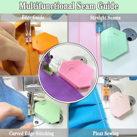 3PCS Magnetic Seam Guide For Sewing Machine, Multifunctional Polygonal Hemmer Guide With Scale, shown in various sewing applications.