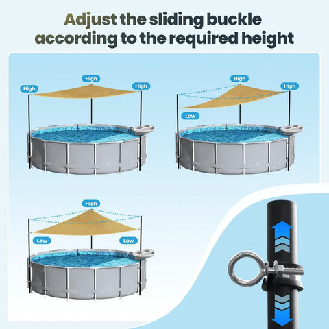 Diagram showing adjustable heights of above ground pool shade kit with storage tray, UV resistant sail for 15 to 22 ft pools.