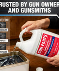 Heavy Duty Ultrasonic Gun Cleaning Fluid One Gallon Pro Strength Mixes Into Eight Gallons shown being poured into a cleaning tank.