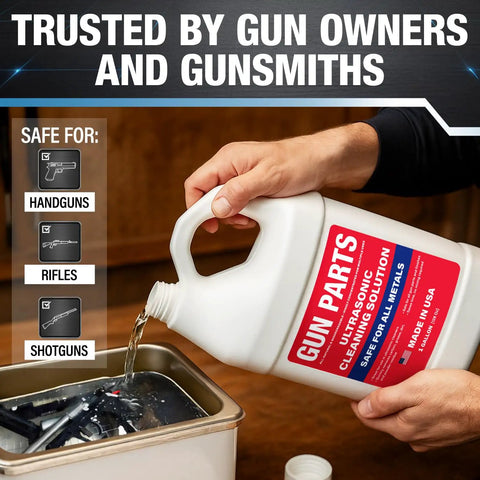 Heavy Duty Ultrasonic Gun Cleaning Fluid One Gallon Pro Strength Mixes Into Eight Gallons shown being poured into a cleaning tank.