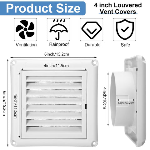 12 Pack 4 Inch Louvered Vent Covers For Exterior Vents With Built In Fly Screen Mesh And 4 Screws Easy Installation diagram