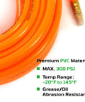 Close-up of 3/8 Inch 50 Foot Heavy Duty Air Hose with Reinforced PVC and Brass Fittings, showing pressure rating and material details.