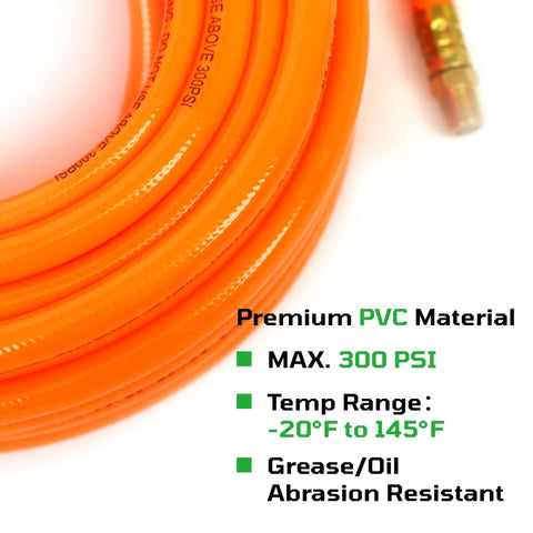 Close-up of 3/8 Inch 50 Foot Heavy Duty Air Hose with Reinforced PVC and Brass Fittings, showing pressure rating and material details.