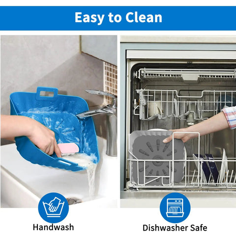 9 Inch Silicone Liners For 6 Qt To 9 Qt Air Fryers 2 Pack Square Reusable Inserts Blue And Grey No Mess Easy Cleanup Air Fryer Accessory Perfect For Busy Kitchens No Scrub Needed, shown handwashing and in dishwasher.
