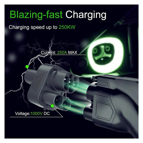 Top Shelf Premium Heavy Duty CCS2 To NACS Charger Adapter 250A Fast EV Convertor showing charging stats and design.