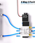 Image of a DC12V 2-Position 5-Way Solenoid Valve with blue vent and exhaust ports, showing wiring and connections for smooth action control.