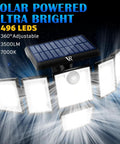 No Brainer Solar Motion Sensor Flood Lights Outdoor 6 Heads With 496 LEDs, 3500 Lumens, 360 Degree Illumination