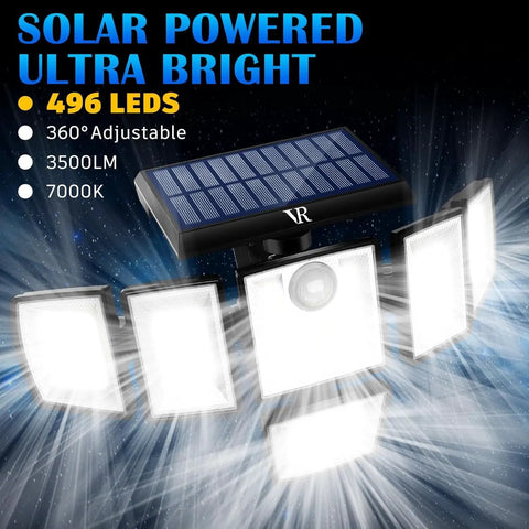 No Brainer Solar Motion Sensor Flood Lights Outdoor 6 Heads With 496 LEDs, 3500 Lumens, 360 Degree Illumination