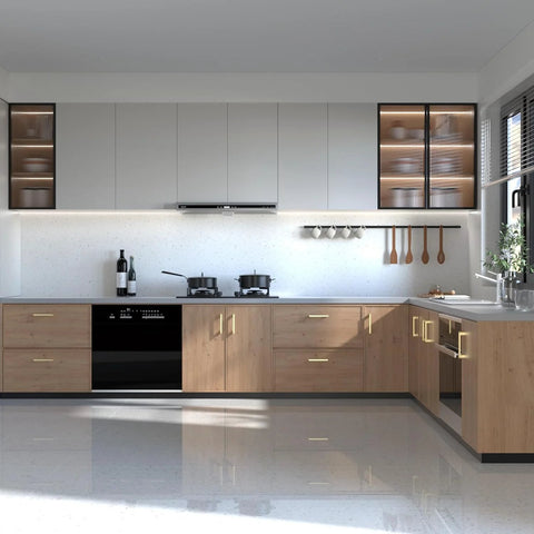 Modern kitchen with 25 Pack Matte Gold Cabinet Pulls With 5 Inch Center To Center Hole Spacing Brushed Brass Kitchen Drawer Handles on wooden cabinets.