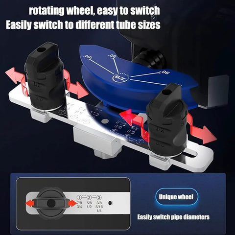 All Purpose Electric Pipe Tube Bender Offering Cordless 2000Mah Battery with rotating wheel for easy tube size adjustments.