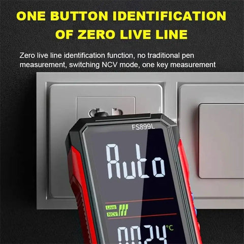 USB Rechargeable Digital Multimeter With Smart Auto Display showing zero live line identification in front of outlet