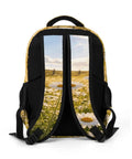 Back of Dewy White Daisy Meadow Printed Unisex Backpack With Large Capacity For School And Travel Durable Polyester Daypack