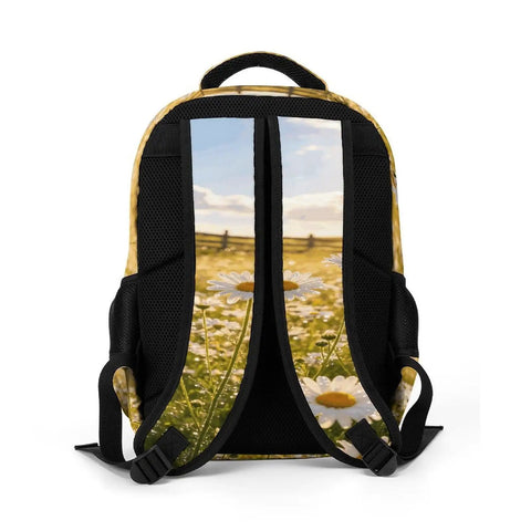 Back of Dewy White Daisy Meadow Printed Unisex Backpack With Large Capacity For School And Travel Durable Polyester Daypack