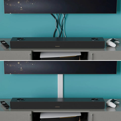 Slick Low Profile TV Wall Mount Cord Hider, Paintable Self Adhesive Cable Raceway For A No Sweat Install, Seamless Double Pack White Cover With Hidden Hinge For A Top Shelf Look on stylish entertainment setup.