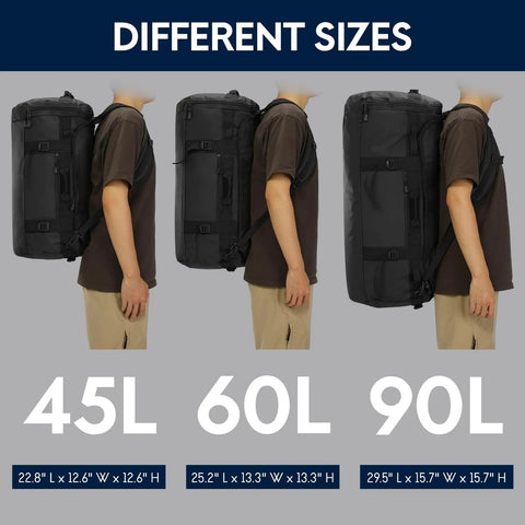 Person wearing 45L, 60L, and 90L Black Duffle Backpack Carry On Travel Duffle Bag With Shoe Compartment Converts To Duffle Backpack Or Shoulder Bag For Camping And Weekend Trips Durable Go To Gear For Any Adventure