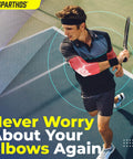 Man playing tennis wearing Large Flamingo Pink elbow compression sleeve for pain relief and support, breathable elastic blend.