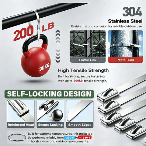 155 Piece Heavy Duty 304 Stainless Steel Cable Tie Gun Kit With 150 Metal Zip Ties, UV resistant, 200 LB tensile strength