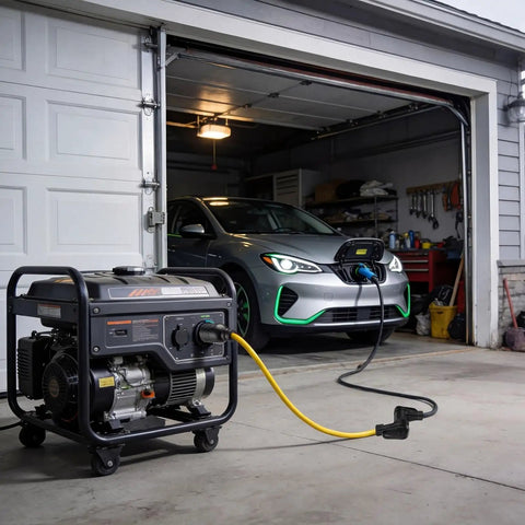 Heavy Duty 6 6Ft Nema L6 30P To 14 50R Ev Charging Adapter Cord connected to a generator charging an electric car.