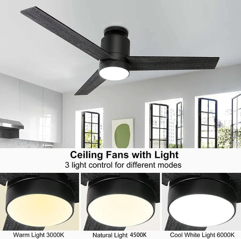 52 Inch Modern Black Ceiling Fan With Light And Remote Flush Mount Low Profile Ceiling Fan With 3 Wood Blades Dark Grey Finish