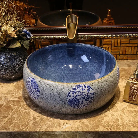 USZWBY Vessel Sinks Bathroom Vessel Sink Vanity Round Ceramic Washbasin Vintage Art Countertop Basin with Faucet Bathroom Bowl Sink on marble countertop