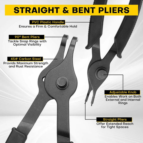 11-Piece Snap Ring Pliers Set For Automotive, Motorcycle, And Lawn Equipment - Internal And External Circlip Removal Tools With Bent And Straight Pliers, Hook And Pick, Plus Durable Storage Case, highlighting straight and bent pliers close-up.