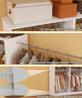 No Sweat Hella Spacious 8FT Modular Closet System Freestanding Walk-In Organizer With 12 Hanging Rods White Adjustable Storage Shelves top shelf and hanging rods.