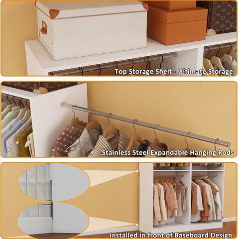 No Sweat Hella Spacious 8FT Modular Closet System Freestanding Walk-In Organizer With 12 Hanging Rods White Adjustable Storage Shelves top shelf and hanging rods.