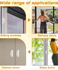 Four Pack White Peel And Stick Cabinet Handles With Premium Adhesive Backing No Drill Installation Versatile Adhesive Handles shown on sliding windows, balcony doors, cabinet doors, and glass doors.
