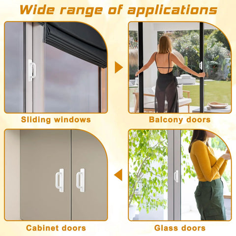 Four Pack White Peel And Stick Cabinet Handles With Premium Adhesive Backing No Drill Installation Versatile Adhesive Handles shown on sliding windows, balcony doors, cabinet doors, and glass doors.