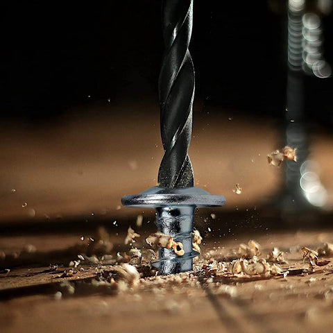 Close-up of a Size 8 Wood Screw One Half Inch Carbon Steel Self Tapping Truss Head Fasteners drilling into wood