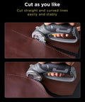 Inokraft Cordless Electric Scissors With Safety Button, cutting curved lines in brown faux leather with precision and ease.