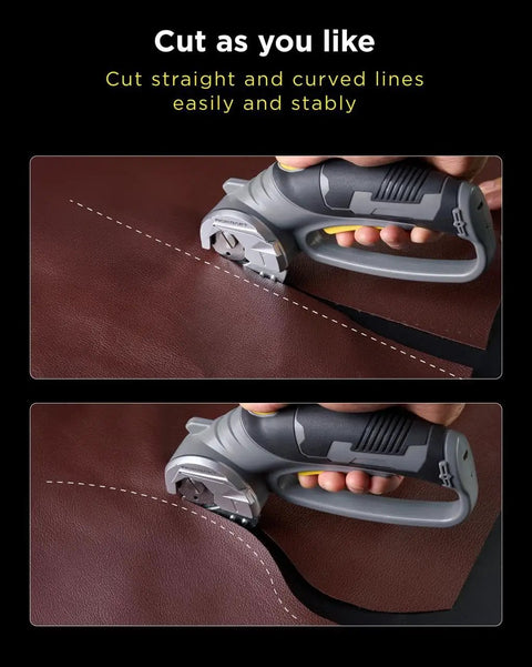 Inokraft Cordless Electric Scissors With Safety Button, cutting curved lines in brown faux leather with precision and ease.